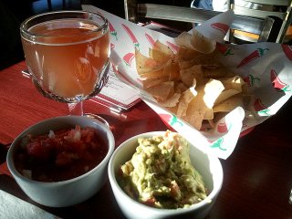 Hitachino Nest Red Rice Ale; chips, salsa, and guacamole